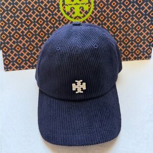 Tory Burch Corduroy Logo Cap Hat Tory Navy Blue